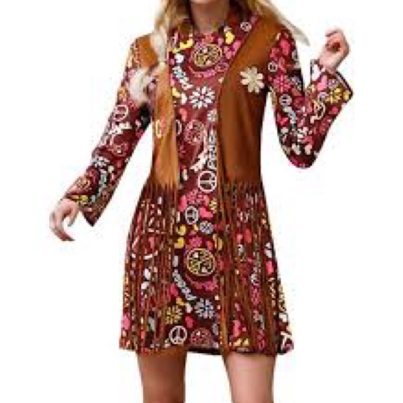Peace  Love Hippie flower Power Adult Costume Fringed Vest Polyester M/L daisies - Picture 1 of 10